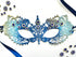 Blue ombre embroidered lace Venetian masquerade eye mask featuring sapphire blue rhinestones and satin ribbon ties. Perfect for masquerade balls, Mardi Gras celebrations, weddings, black tie galas, proms, cosplay, Renaissance festivals, opera performances, Halloween parties, and formal costume events.