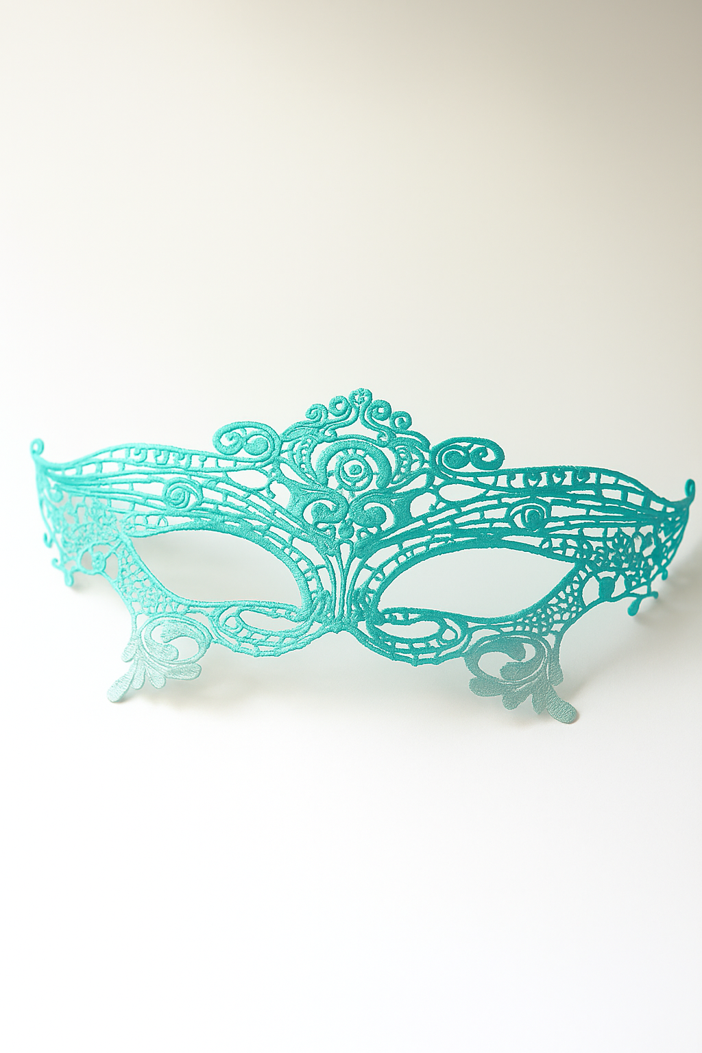 Aqua and silver lace masquerade mask with intricate embroidery, ombre design, and satin ribbon ties, perfect for weddings, parties, prom, and masquerade balls.