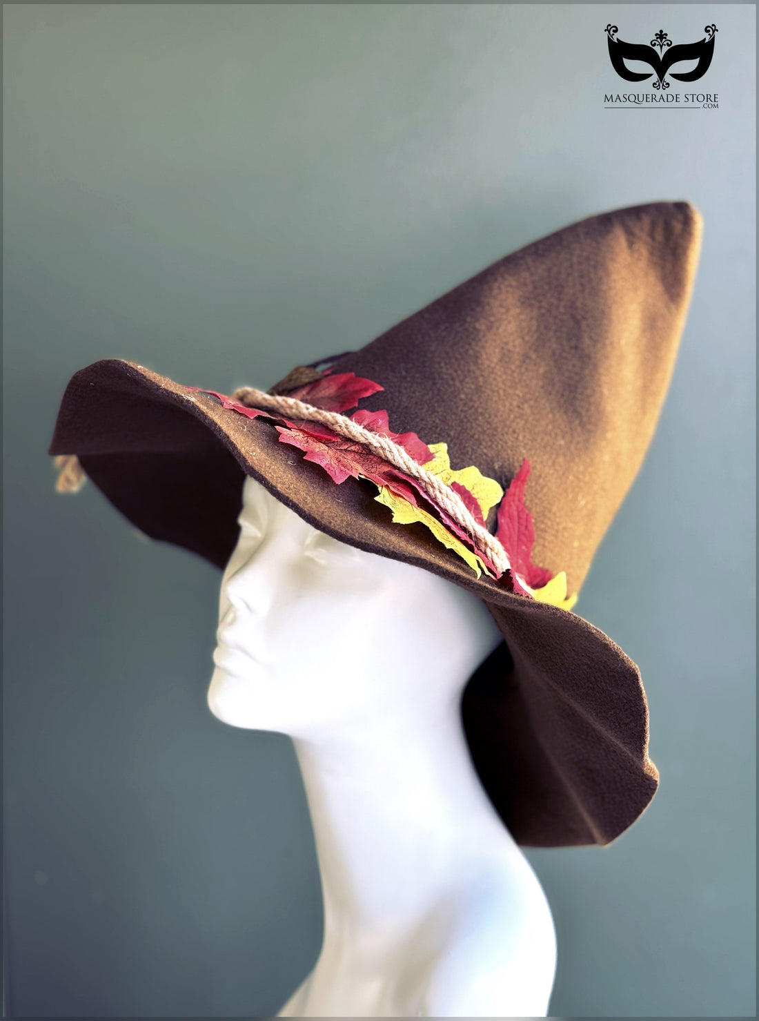 Brown witch hat with fall leaves and rope detail, perfect for harvest and Halloween costumes