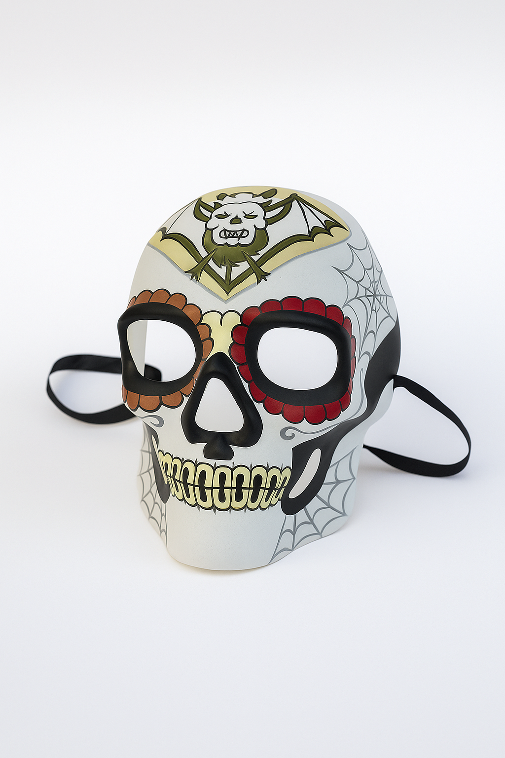 Gothic sugar skull mask with bat motif and spiderweb accents.