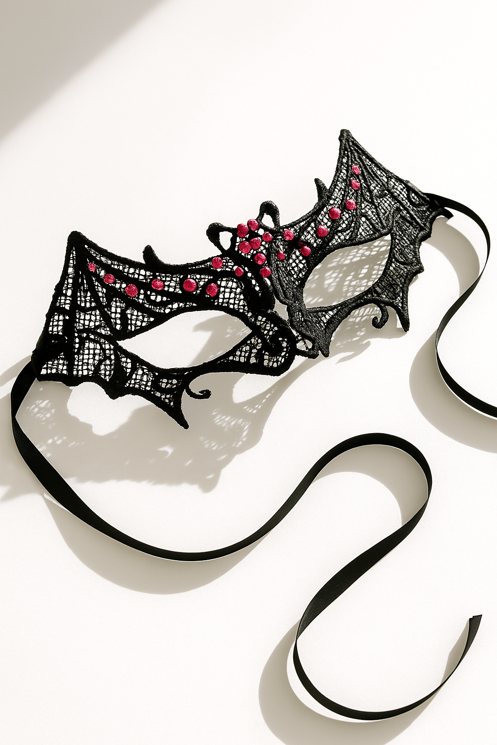 Black bat lace masquerade mask with red rhinestones, gothic Halloween eye mask for women, perfect for vampire balls, masquerade parties, and Halloween costumes.
