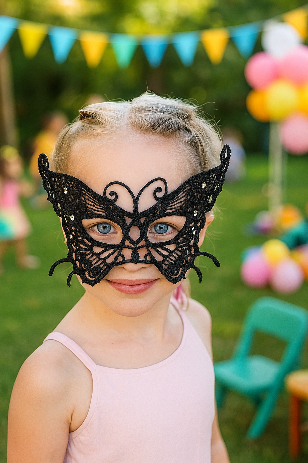 Child wearing black butterfly lace masquerade mask with rhinestone accents—perfect for parties and costumes.