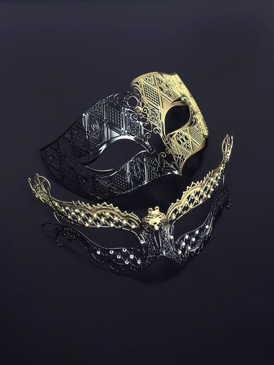 Black and gold Venetian masquerade couples mask set with filigree and rhinestone accents.