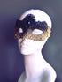 Elegant black and gold lace masquerade mask with rhinestones, Venetian-style accessory for women