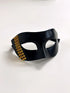 Black Venetian masquerade mask with bold gold stud accents, men’s edgy half-face party mask.