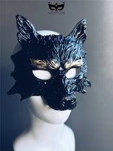 Men’s black and gold wolf mask with glossy finish and sculpted fur for Halloween masquerade costume