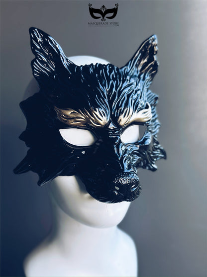 Men’s black and gold wolf mask with glossy finish and sculpted fur for Halloween masquerade costume