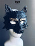 Men’s black and gold wolf mask with glossy finish and sculpted fur for Halloween masquerade costume
