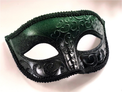 Black and emerald green couples masquerade masks with lace and rhinestone details for Mardi Gras, weddings, or Venetian balls.