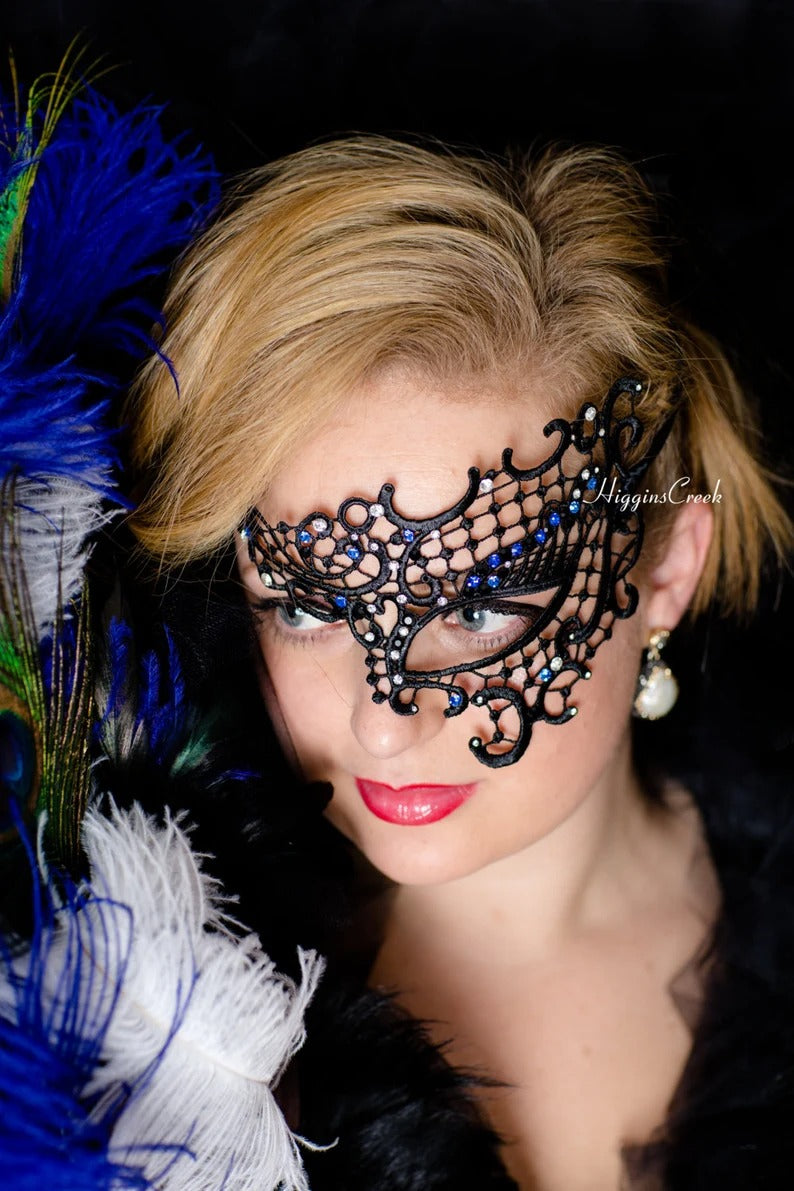 Black lace masquerade mask with blue rhinestones, elegant half face lace eye mask for women, perfect for prom, Halloween, and masquerade ball.