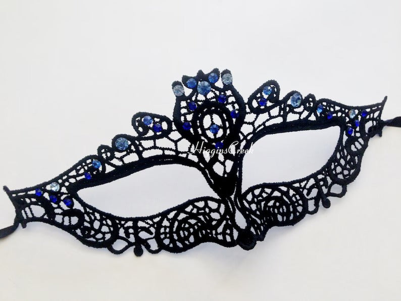Elegant black lace masquerade mask with sparkling blue rhinestones, Venetian-style lace eye mask for women, ideal for weddings, prom, Halloween, and masquerade parties.