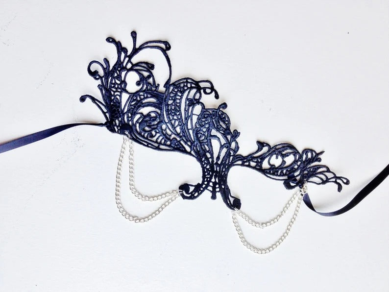 Elegant black lace masquerade mask with silver chain drapes, gothic lace mask for women, perfect for masquerade ball, prom, parties, and Halloween costumes.