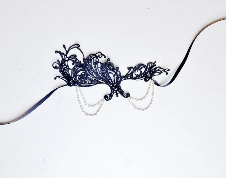 Elegant black lace masquerade mask with silver chain drapes, gothic lace mask for women, perfect for masquerade ball, prom, parties, and Halloween costumes.