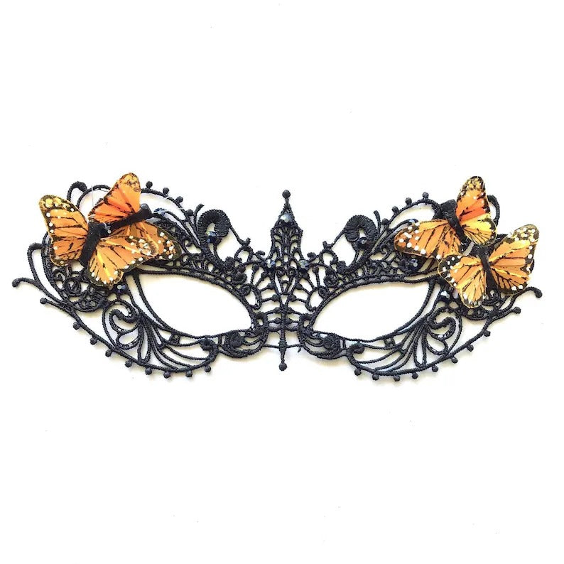 Black lace masquerade mask with orange monarch butterflies, elegant lace butterfly eye mask for women, prom, masquerade ball, and costume parties.