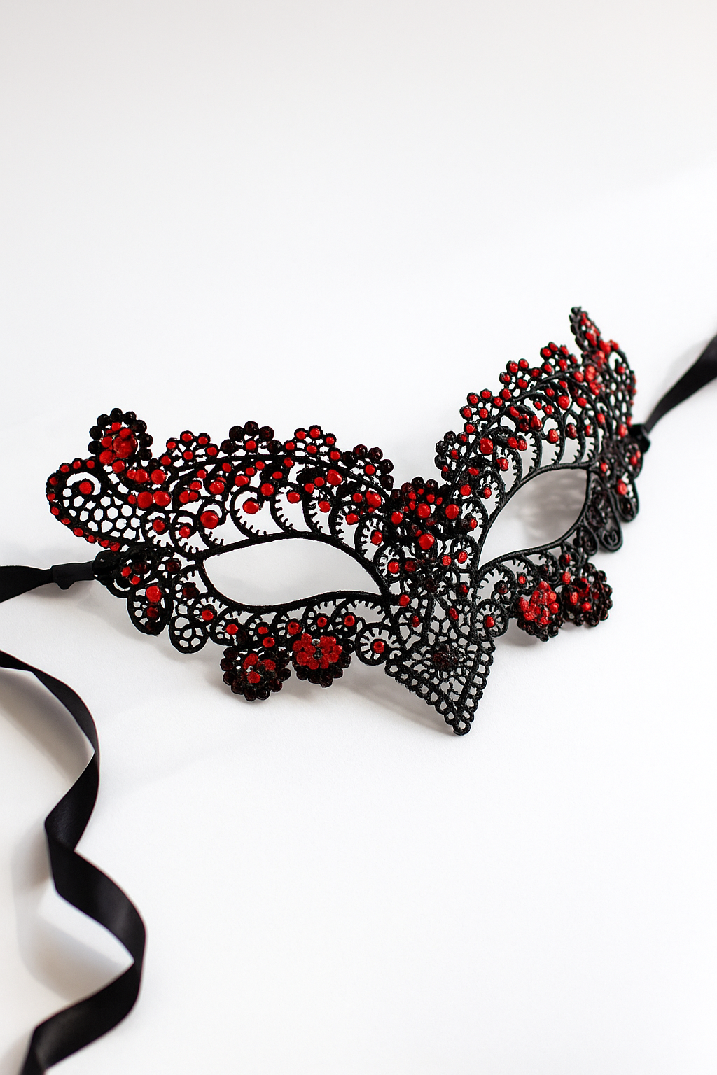 Gothic black lace masquerade mask with dramatic nose-bridge design, elegant lace costume mask for women, ideal for masquerade ball, prom, parties, and Halloween.