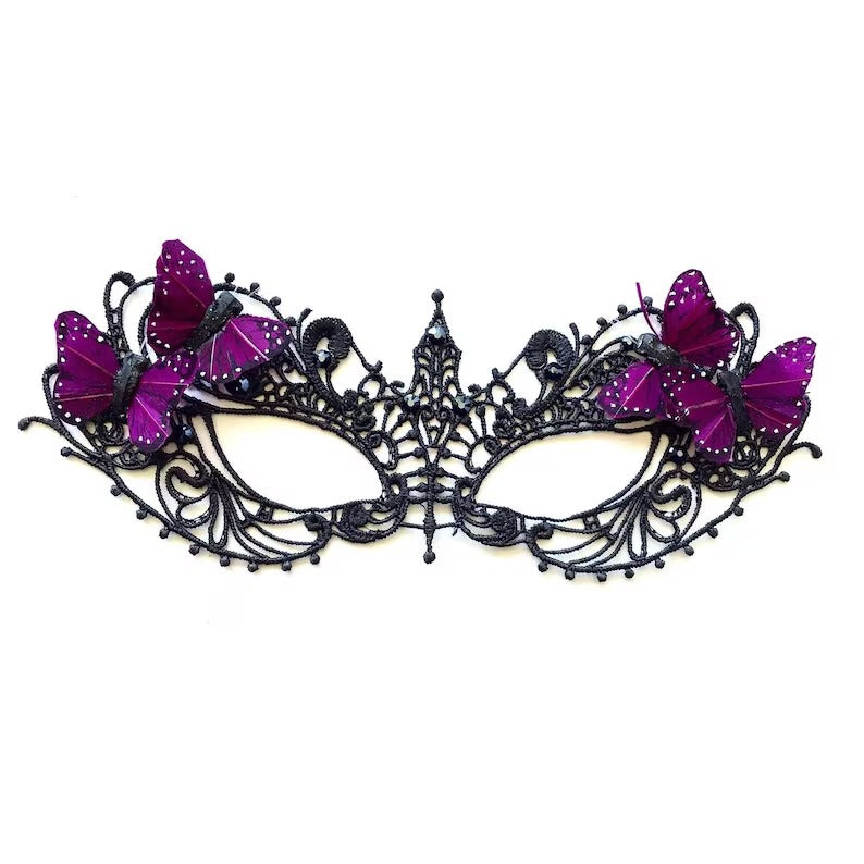 Black lace masquerade mask with purple butterflies, elegant lace butterfly eye mask for women, masquerade ball, prom, and costume parties.