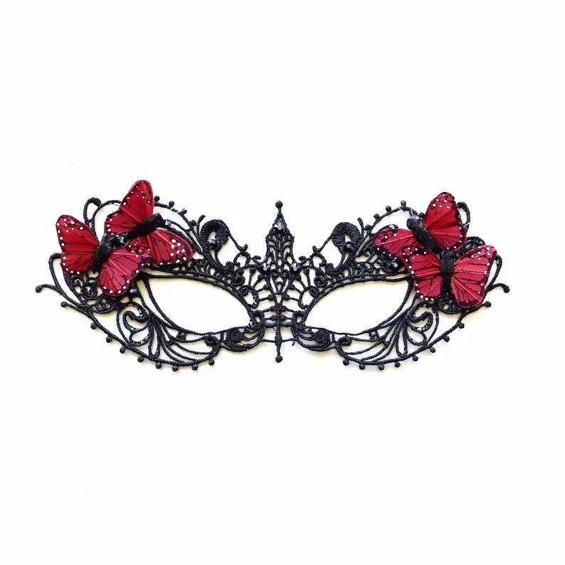 Black lace masquerade mask with red butterflies, elegant lace butterfly eye mask for women, masquerade ball, prom, and costume parties.