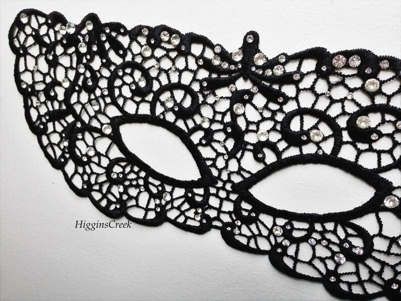 Black lace masquerade mask with rhinestones, elegant lace eye mask for women, perfect for prom, wedding, masquerade ball, and parties.