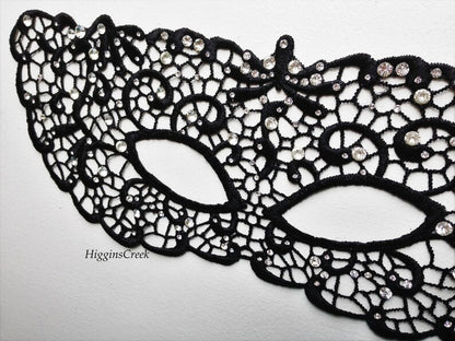 Black lace masquerade mask with rhinestones, elegant lace eye mask for women, perfect for prom, wedding, masquerade ball, and parties.