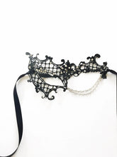 Black lace spiderweb masquerade mask with rhinestones and silver chains, gothic Halloween eye mask for women, perfect for costume parties and masquerade balls.