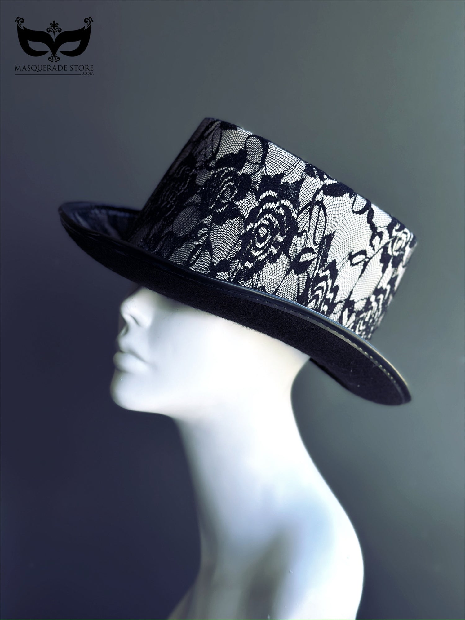 Black velvet top hat with sheer floral lace overlay, perfect for gothic formalwear or costume use