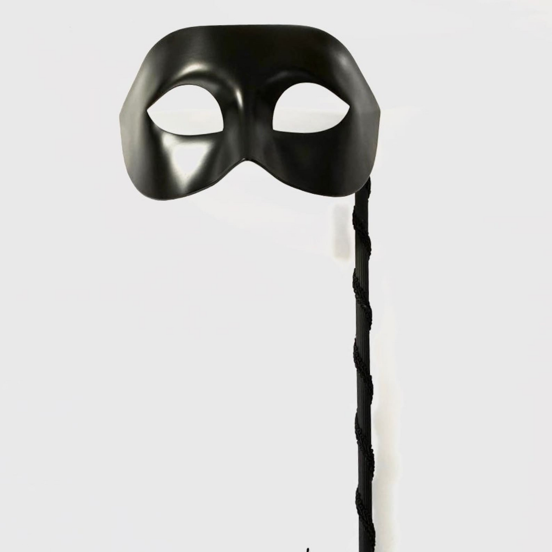 Black men’s masquerade mask on a handheld stick in sleek Volto style, ideal for Venetian masquerade balls, Mardi Gras, and costume parties.