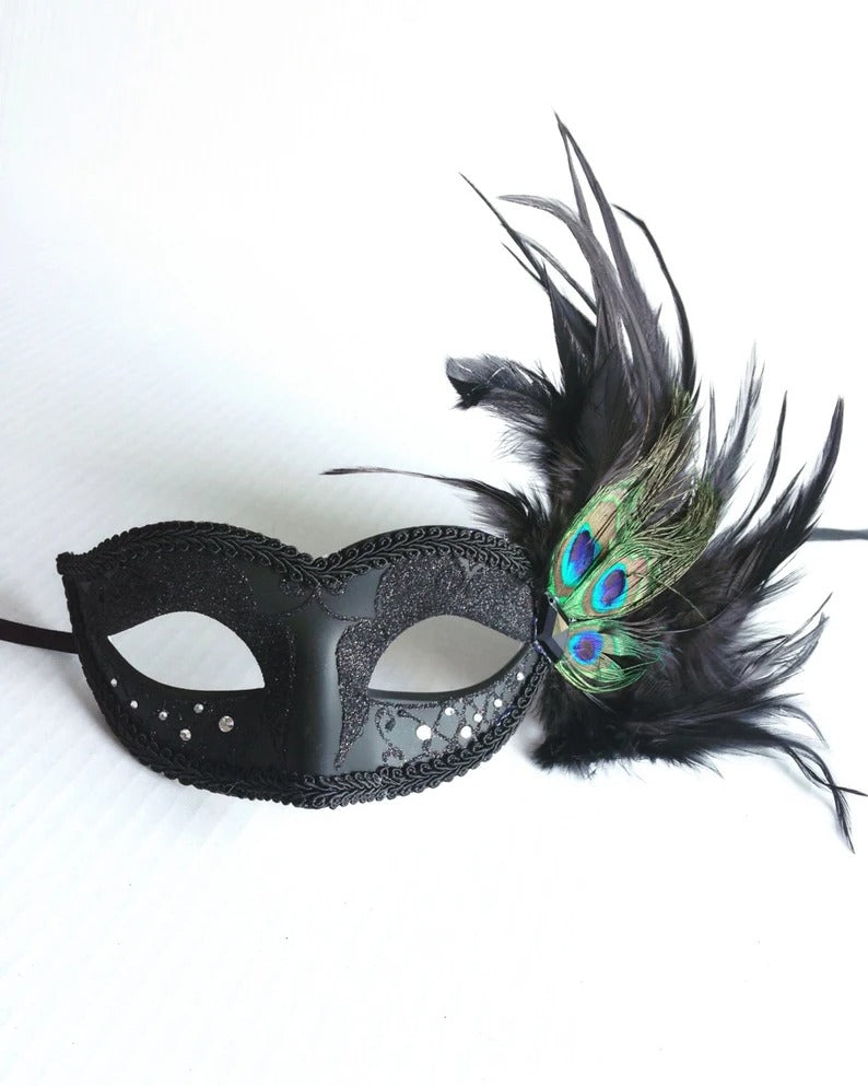Elegant black masquerade mask with rhinestones and peacock feathers, Venetian feather mask for parties and events.
