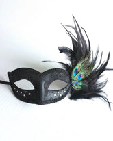 Elegant black masquerade mask with rhinestones and peacock feathers, Venetian feather mask for parties and events.