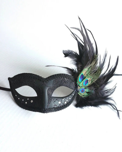 Elegant black masquerade mask with rhinestones and peacock feathers, Venetian feather mask for parties and events.