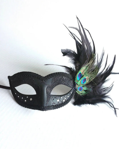 Elegant black masquerade mask with rhinestones and peacock feathers, Venetian feather mask for parties and events.