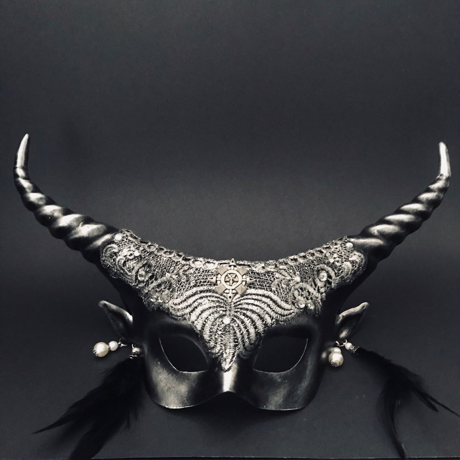 Black gothic womens masquerade masks with ram horns and lace.