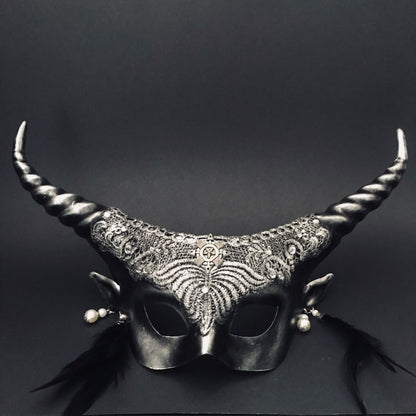 Black gothic womens masquerade masks with ram horns and lace.