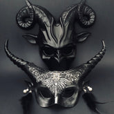 Black gothic couples masquerade masks with ram horns and lace.