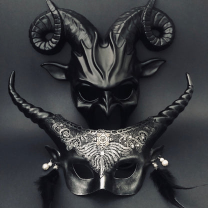 Black gothic couples masquerade masks with ram horns and lace.