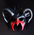 Black and red ram horn fantasy masquerade mask with sculpted devil-inspired face, curved horns, and lightweight polyresin construction for Halloween, cosplay, gothic events, masquerade balls, theatrical productions, and fantasy-themed parties.