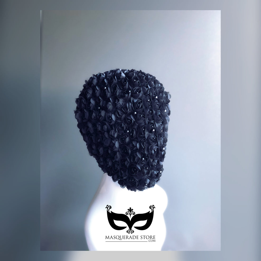 Black full-face mask covered in layered roses with pearl accents, perfect for masquerade balls, gothic events, and statement couture fashion.