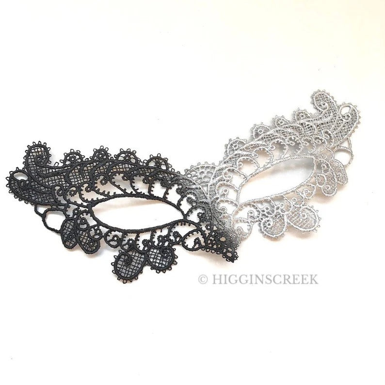 Elegant black and silver ombre lace masquerade mask with satin ties, perfect lace eye mask for women for masquerade balls, Halloween, and prom.