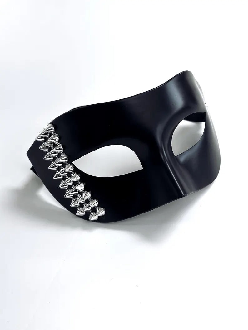 Black Venetian masquerade mask with bold silver stud accents, men’s edgy half-face party mask.
