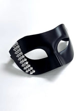 Black Venetian masquerade mask with bold silver stud accents, men’s edgy half-face party mask.