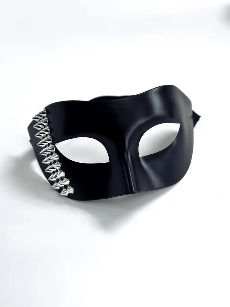 Black Venetian masquerade mask with bold silver stud accents, men’s edgy half-face party mask.