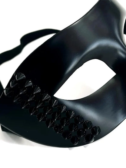Black Venetian masquerade mask with bold black stud accents, men’s edgy half-face party mask.