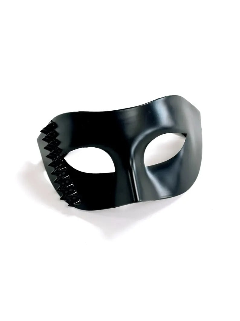 Black Venetian masquerade mask with bold black stud accents, men’s edgy half-face party mask.