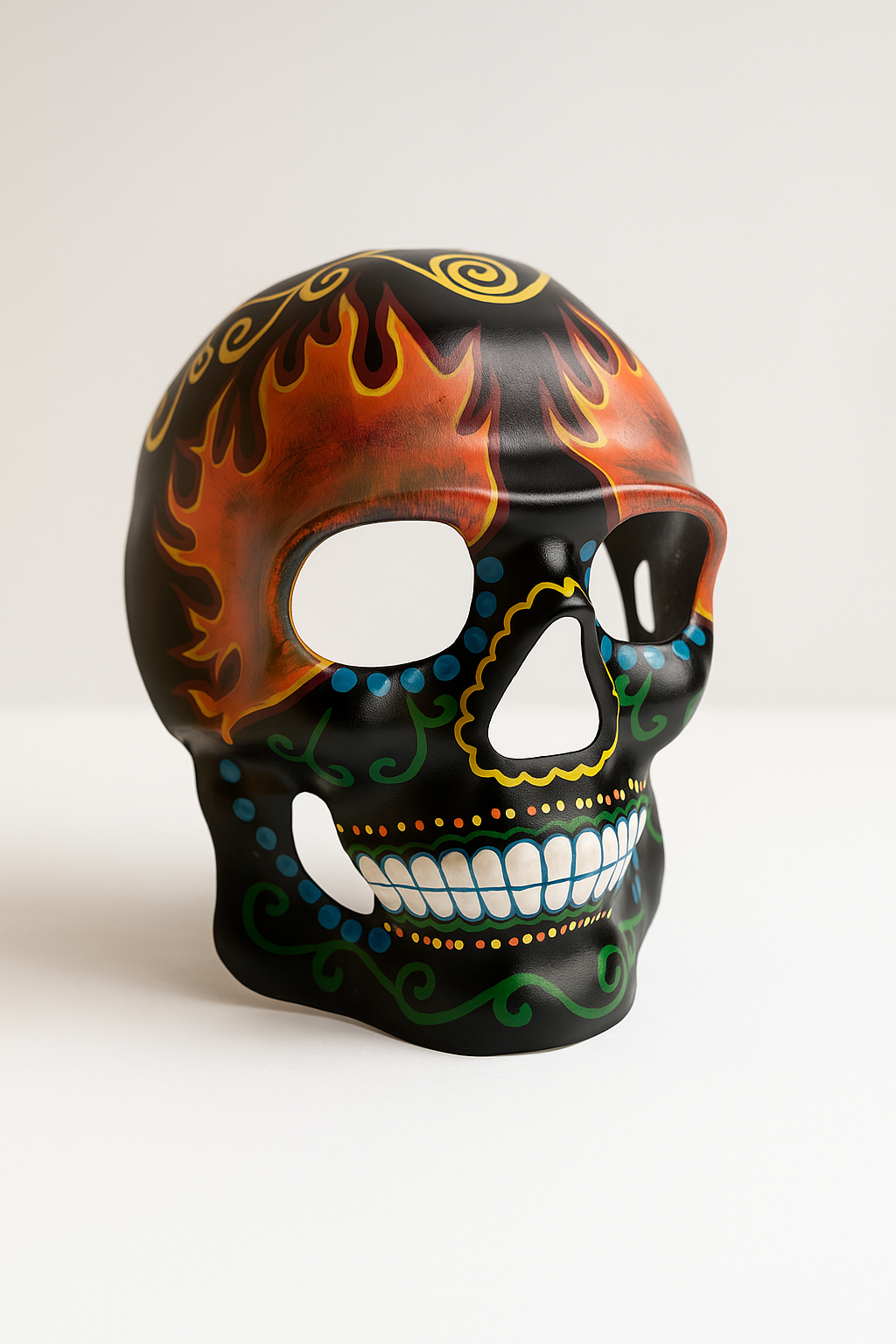 Black sugar skull mask with flames and colorful swirls.