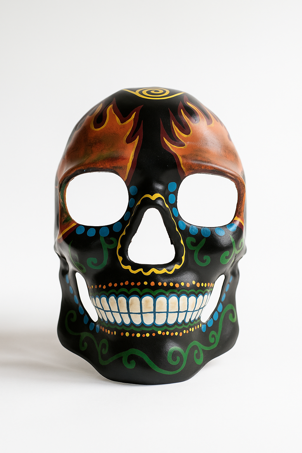 Black sugar skull mask with flames and colorful swirls.