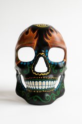 Black sugar skull mask with flames and colorful swirls.