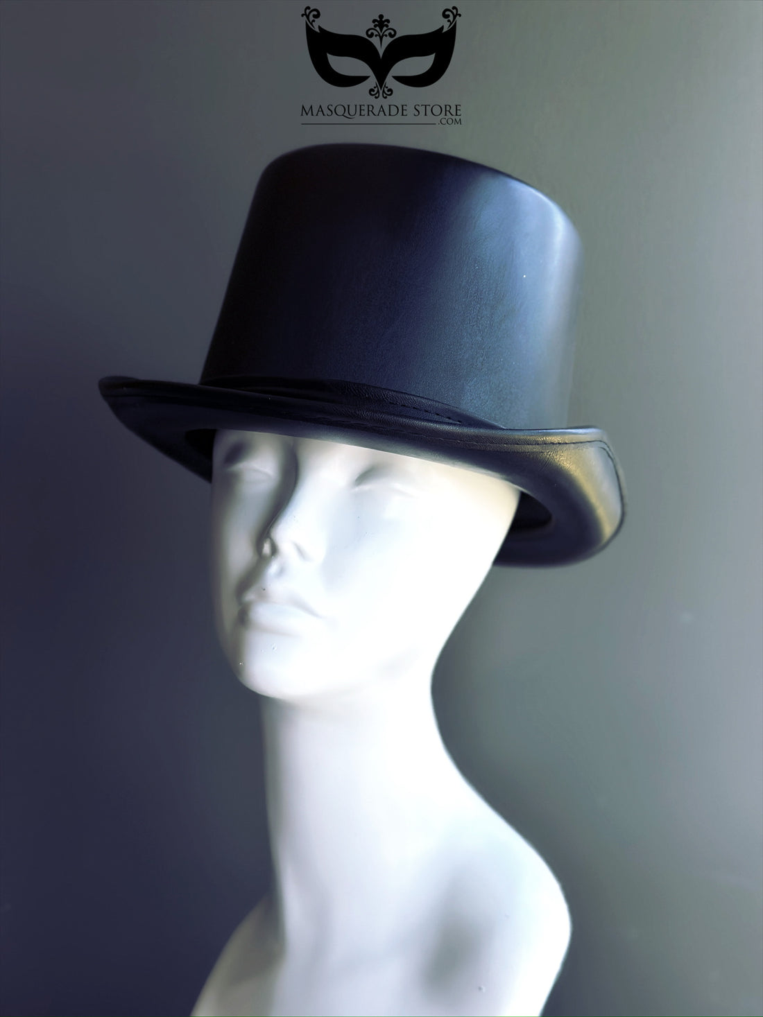 Classic black vegan leather top hat with a structured unisex design, perfect for gothic, cosplay, or vintage-inspired costumes.