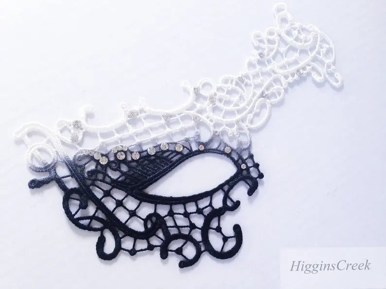 Black white ombre lace masquerade mask with rhinestones, elegant lace eye mask for women, perfect for prom, Halloween, and masquerade ball costumes.