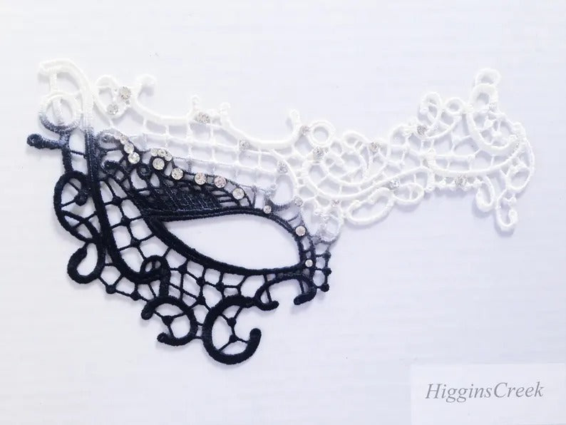 Black white ombre lace masquerade mask with rhinestones, elegant lace eye mask for women, perfect for prom, Halloween, and masquerade ball costumes.