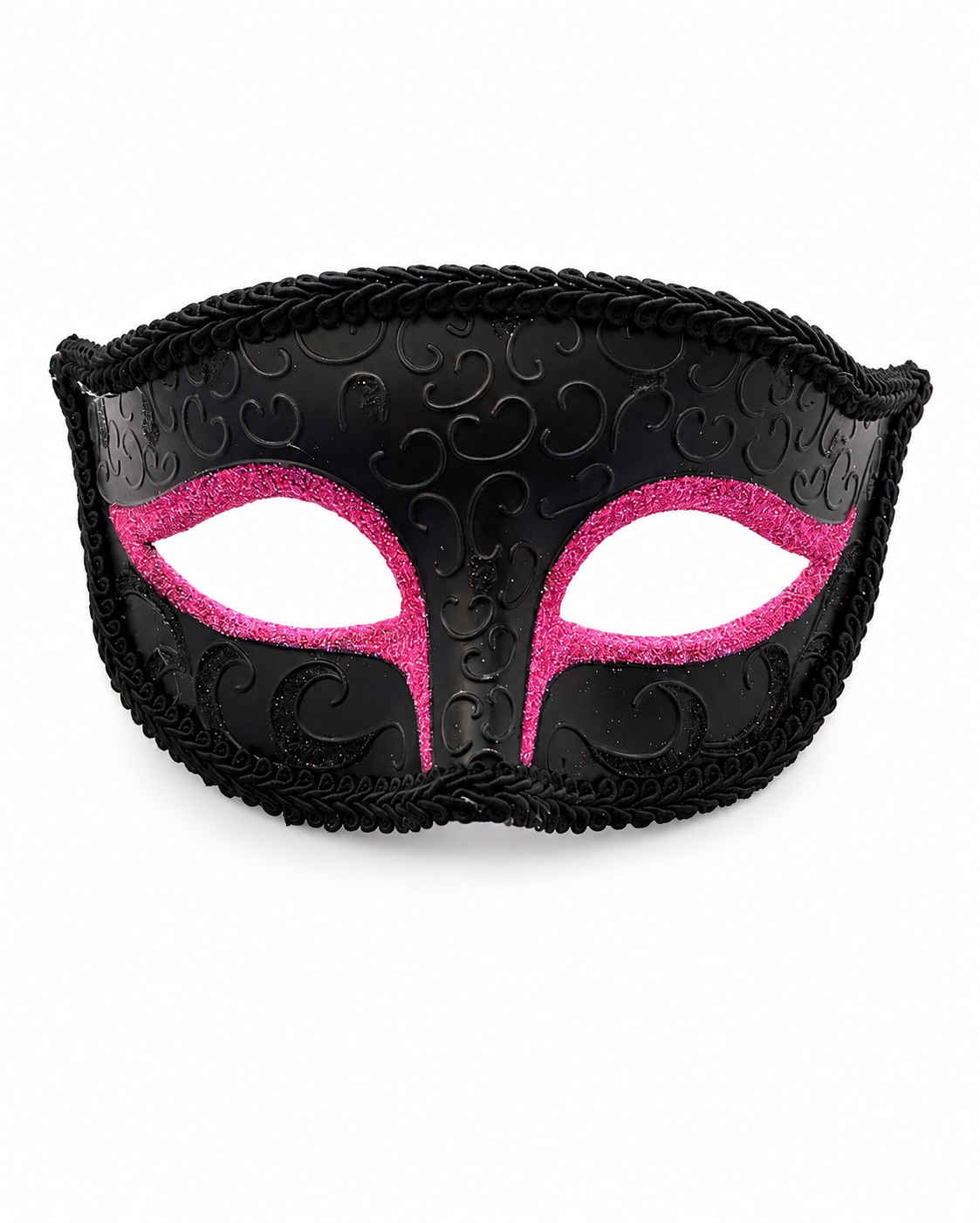 Black masquerade mask with embossed swirl patterns, black braided trim, and bright pink glitter eye accents, shown on a plain white background.
