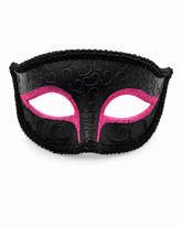 Black masquerade mask with embossed swirl patterns, black braided trim, and bright pink glitter eye accents, shown on a plain white background.